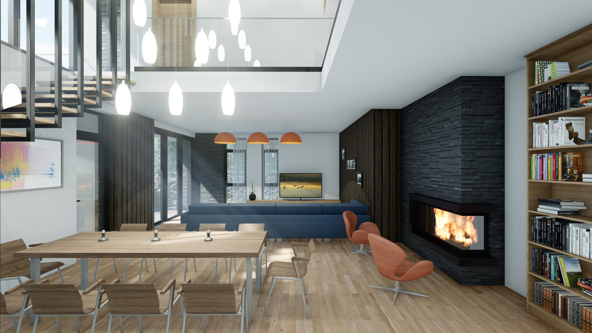 Визуализация на дневно помещение с камина в комплекс LINK Houses