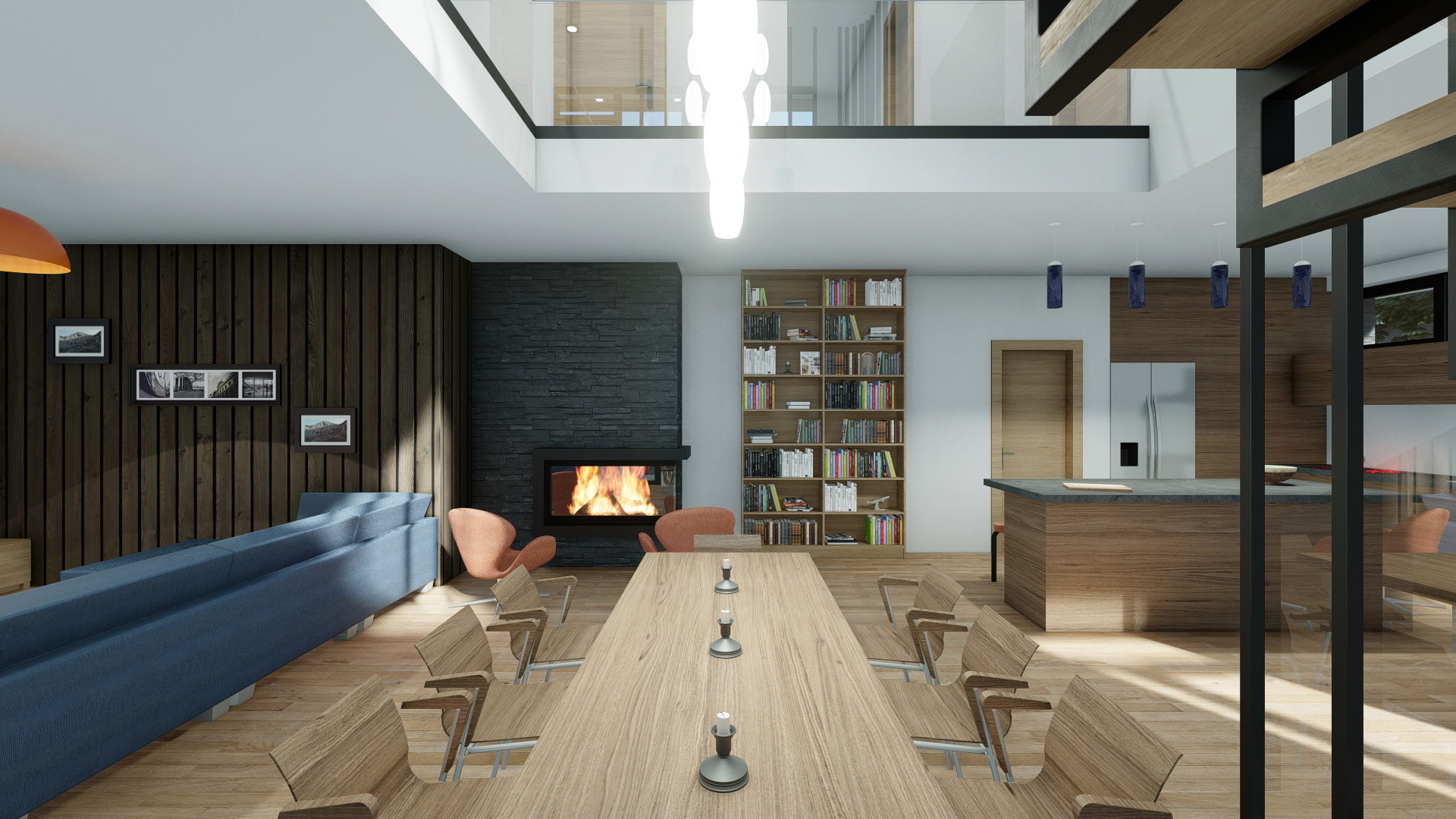Изглед към зона с камина, трапезария и кухня в къща LINK Houses